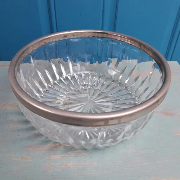 Cut Crystal Glass Bowl with Silver Plated Rim Vintage Serving Bowl - Picture 11 of 16